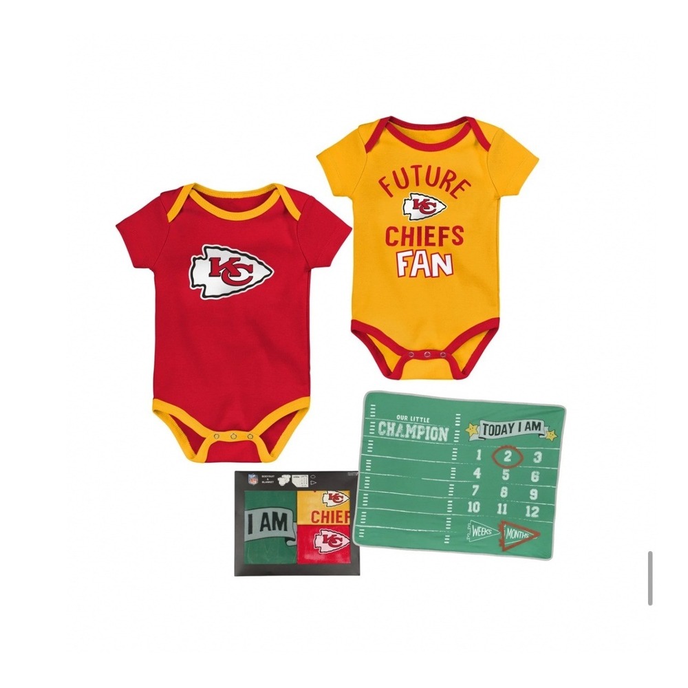 NFL Kansas City Chiefs Baby 2-Pack Bodysuit and Milestone Blanket Set New